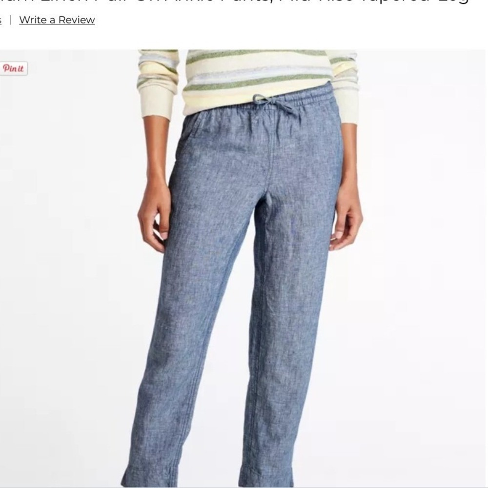 LL Bean Women Blue Linen Pants Mid Rise Tapered Leg Elastic Waist 4 MT coastal